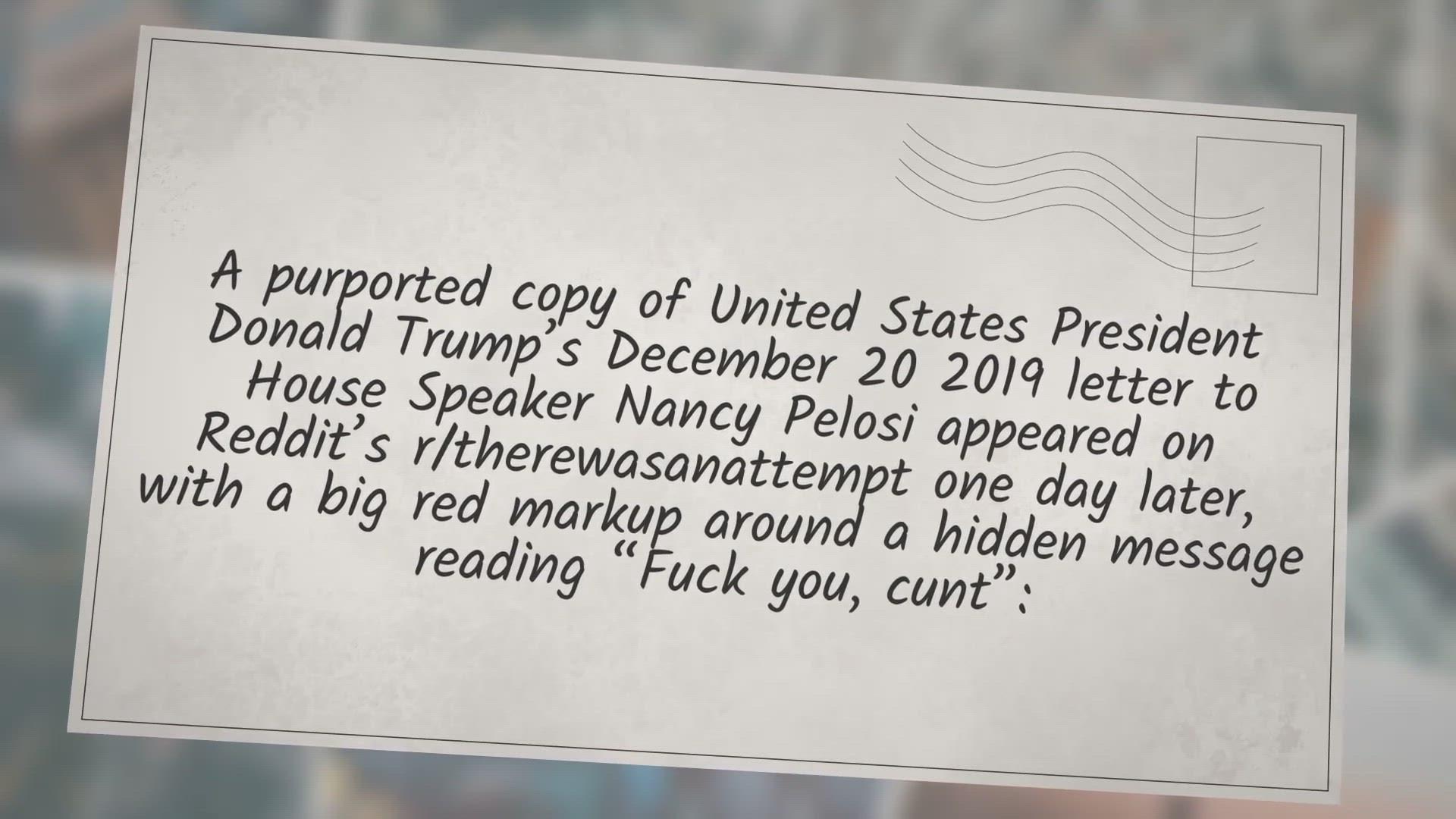 'Video thumbnail for Did Donald Trump’s Letter to Nancy Pelosi Secretly Display ‘F*** You, C***’?'