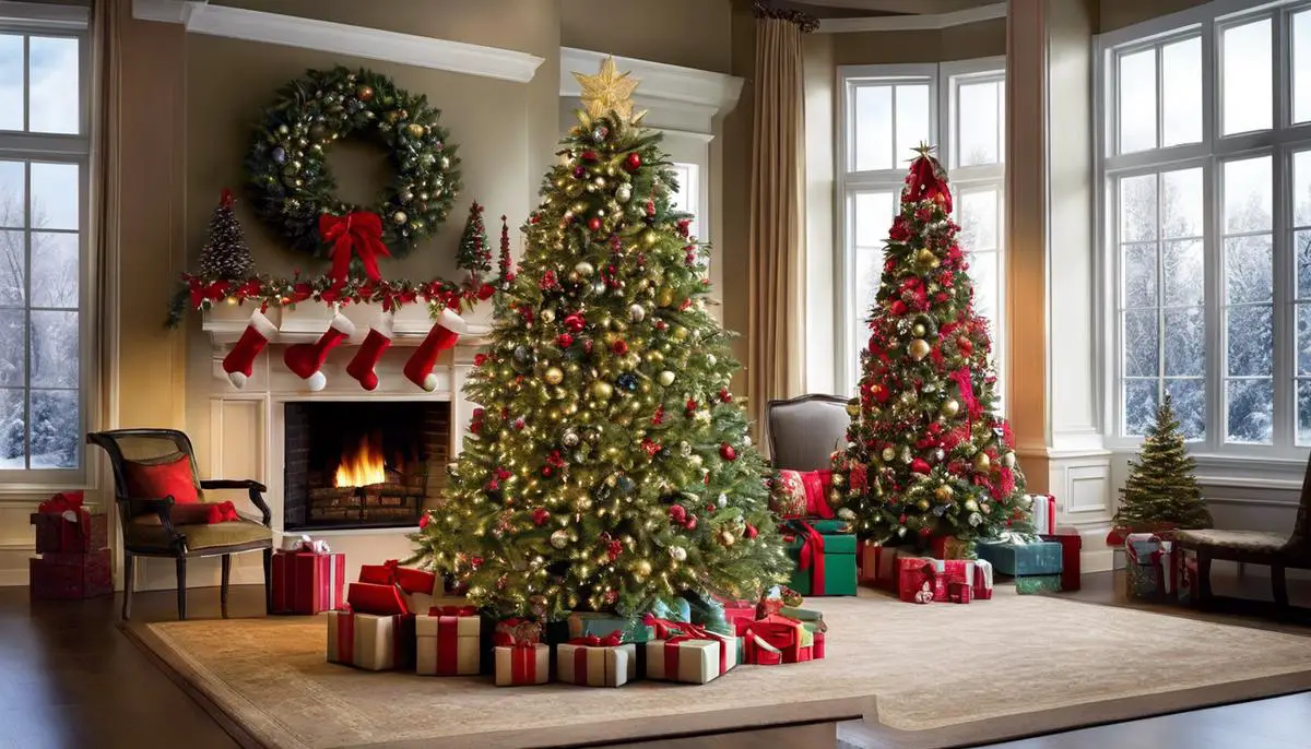 Image of decorated Christmas trees in various styles and colors.