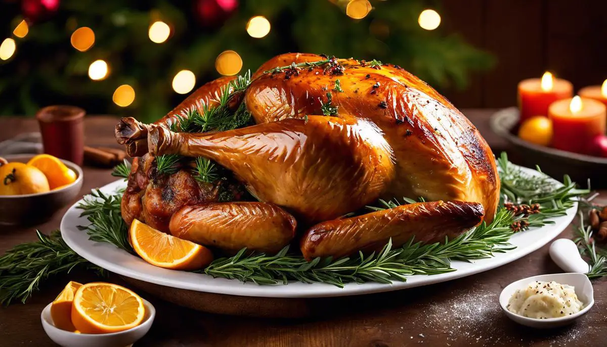A deliciously roasted Christmas turkey, golden brown and covered in herbs and spices, ready to be carved and enjoyed by a family.
