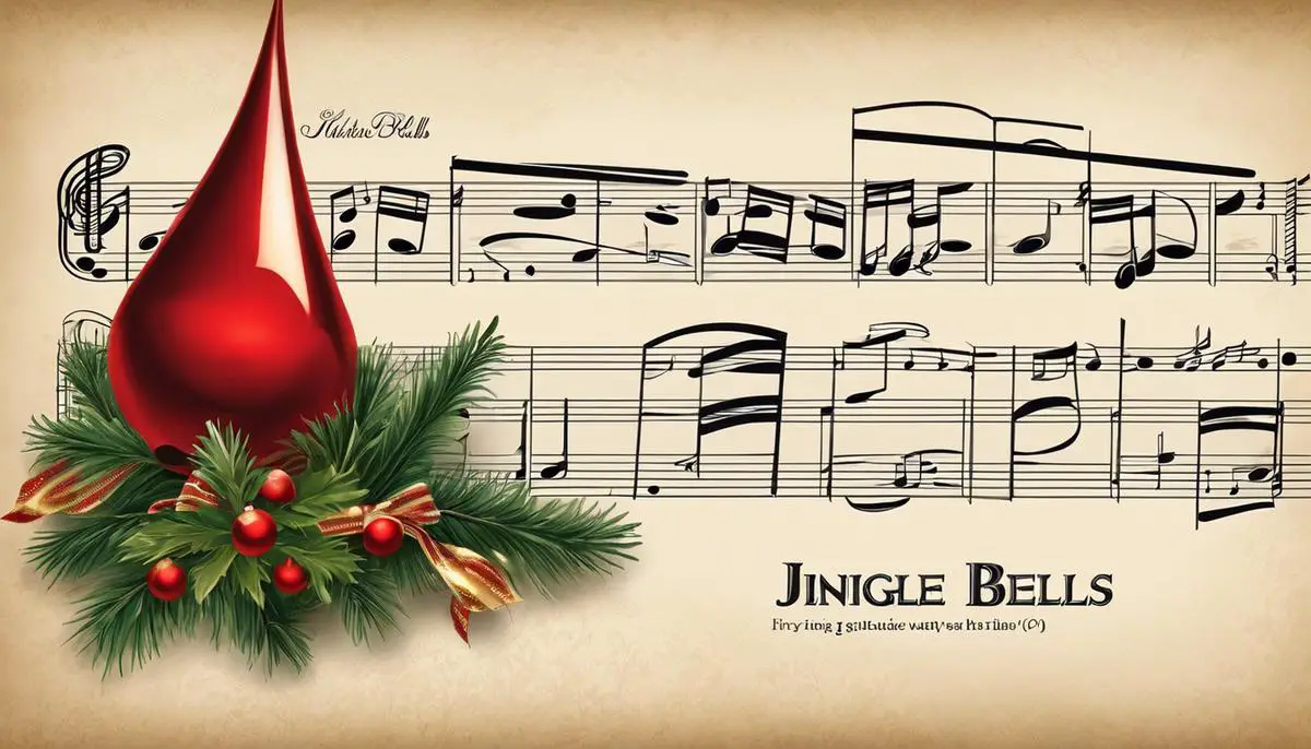 Sheet music for 'Jingle Bells' with words and festive illustrations, representing its association with Christmas