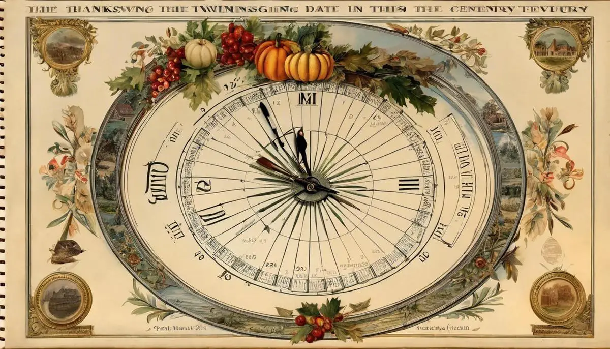 Image depicting a calendar with the Thanksgiving date circled and arrows showing the shift in the 20th century.