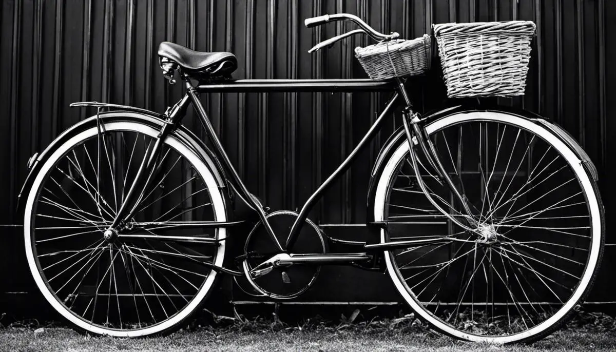 A black and white photograph of a vintage bicycle with a basket in front, highlighting its timeless elegance and nostalgic charm.