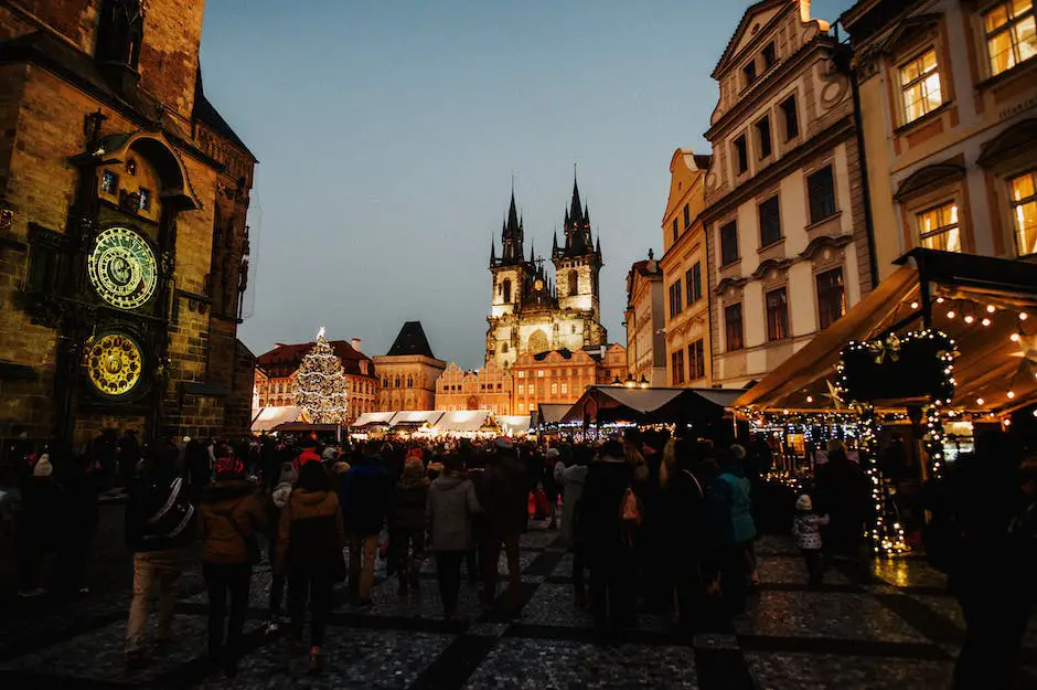 A festive Christmas market with stalls adorned with lights, decorations, and people enjoying the holiday atmosphere.