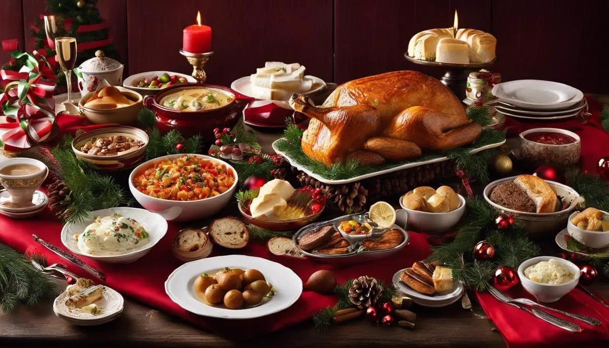 Image description: A table with various traditional Christmas dishes from different European cultures.