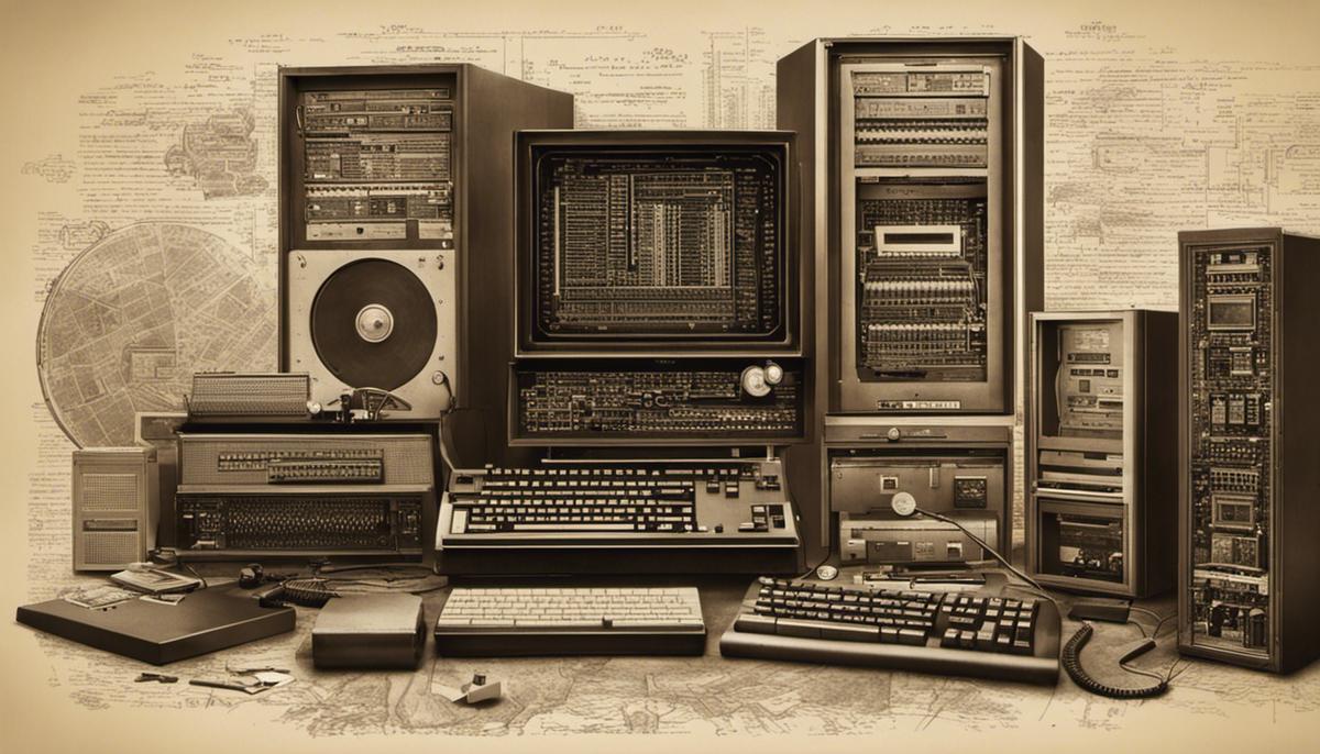 A vintage image highlighting the history of computing, showing an evolution from ancient numerical systems to modern computers.