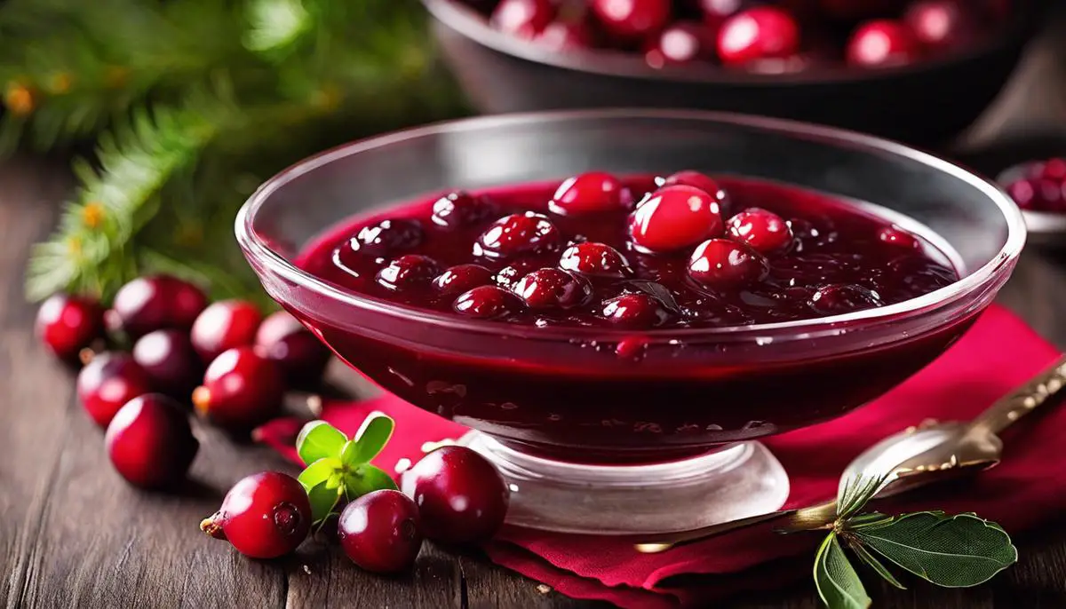 A bowl of cranberry sauce, a red sauce with cranberries floating in it.