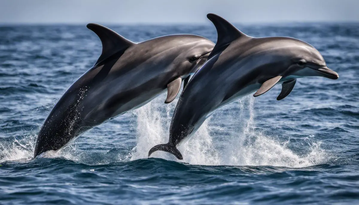 Image showing male dolphins forming alliances in the ocean, with one dolphin petting another on the head