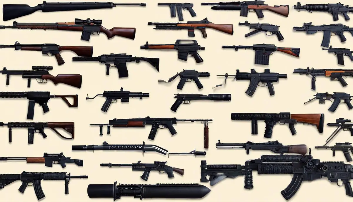 An image showing a variety of early rapid-fire weapons.