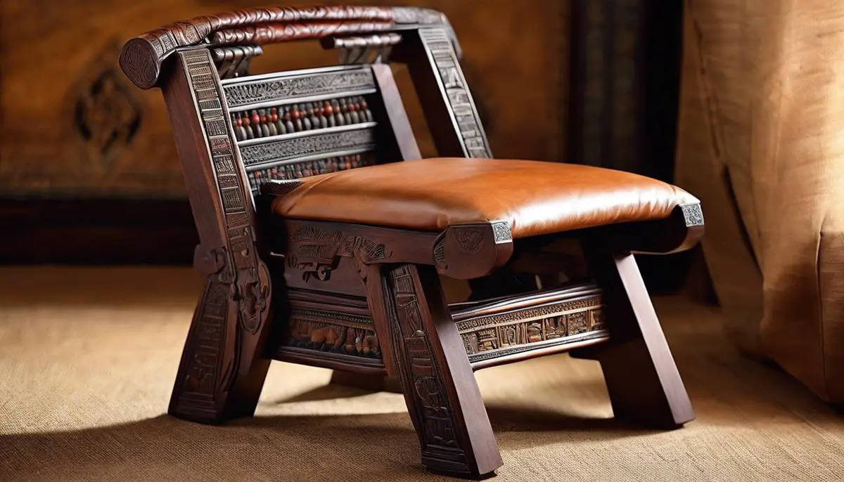 An image depicting an ancient Egyptian folding stool with intricate carvings for the backrest and a leather seat.