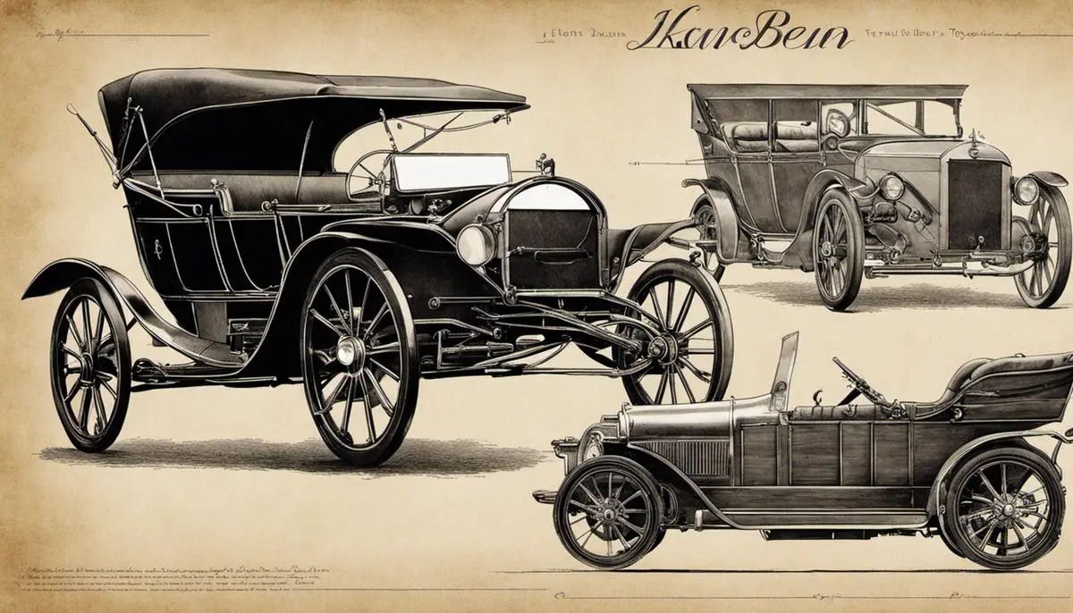 Illustration depicting the evolution of automobiles from Leonardo Da Vinci's blueprints to Karl Benz's Motorwagen, representing the progression of automotive technology.