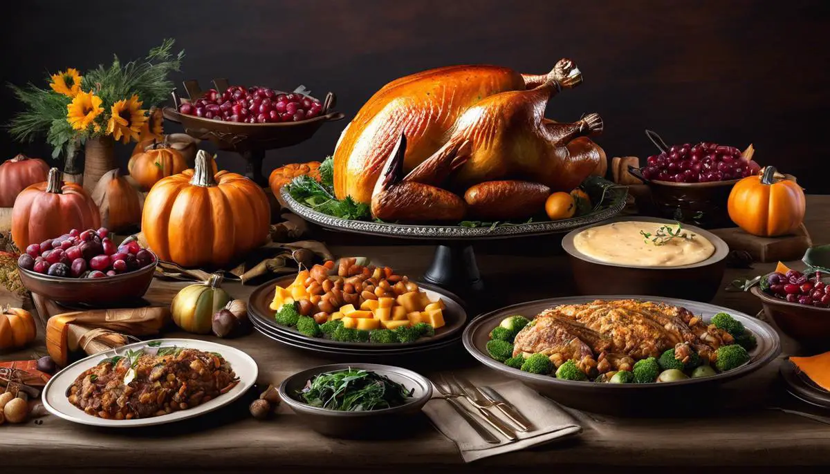 Image of a table set with various types of food, depicting the first Thanksgiving feast
