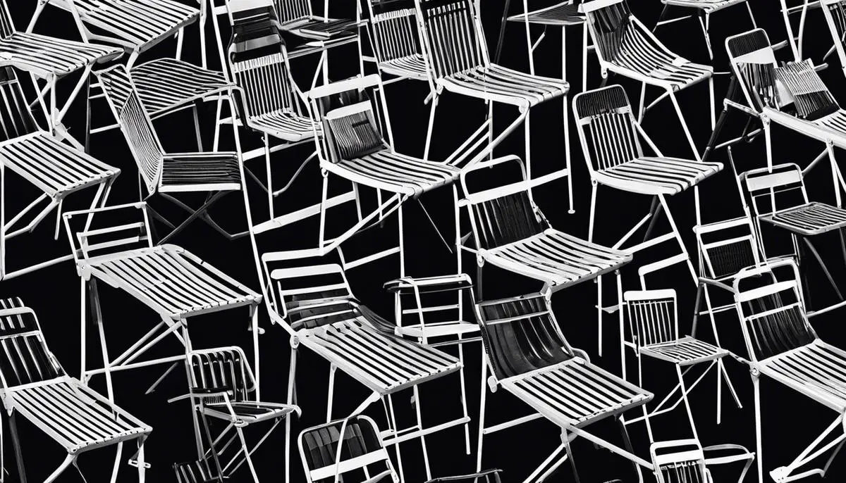 A black and white image showing a variety of folding chairs, depicting the different designs and materials used throughout the 20th century.