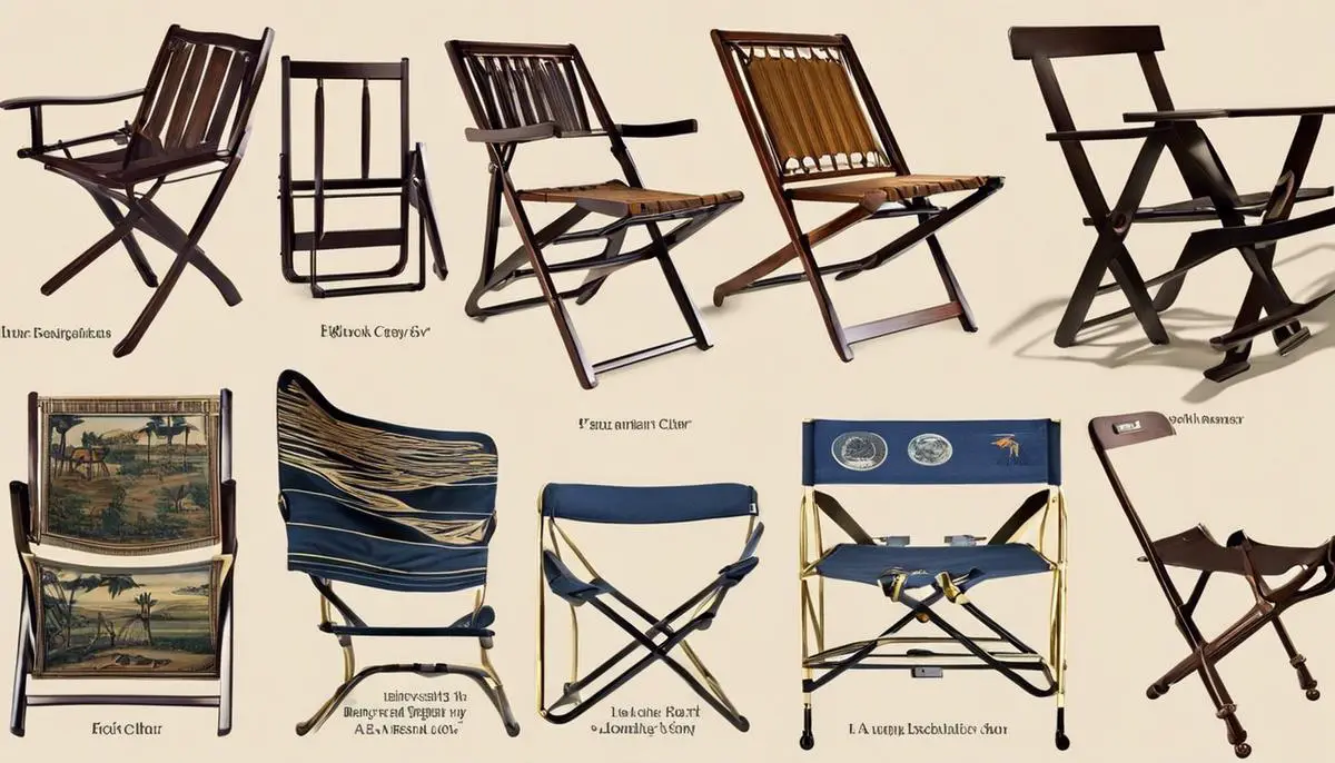 An image depicting the evolution of folding chairs throughout history, from ancient Egyptian illustrations to the modern aluminum folding chair.