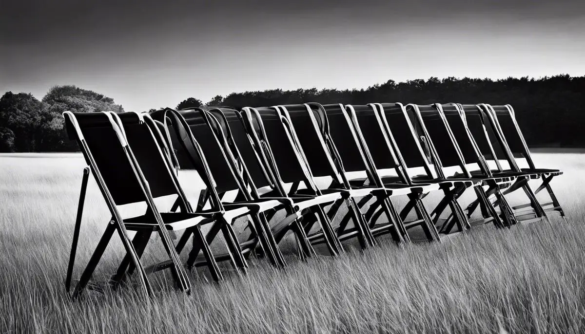 A black and white image of folding chairs stacked on top of each other