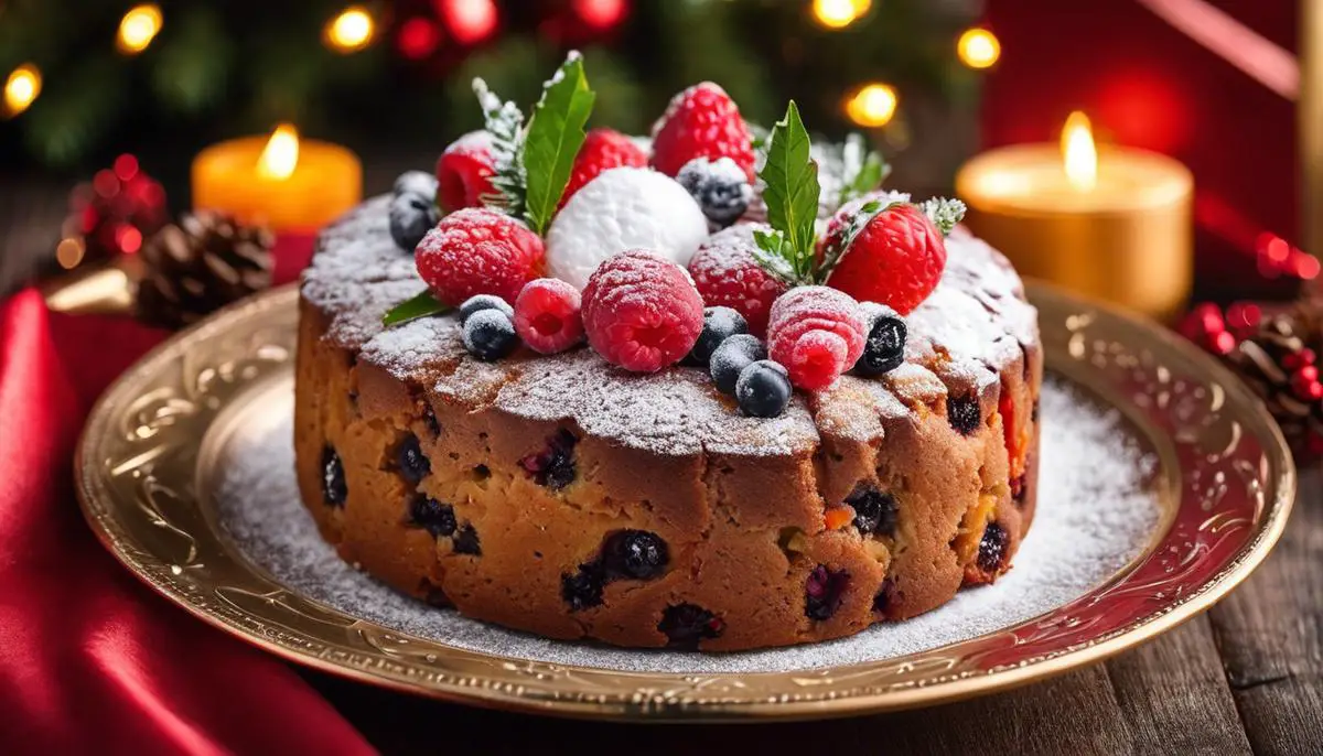 Image of a homemade fruitcake on a festive plate, decorated with small fruits and dusted with powdered sugar. It represents the tradition and history of fruitcake preparation during the holiday season.