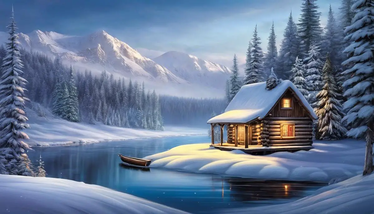 A peaceful winter landscape with snow-covered trees and a cozy cabin nestled amidst the serene surroundings