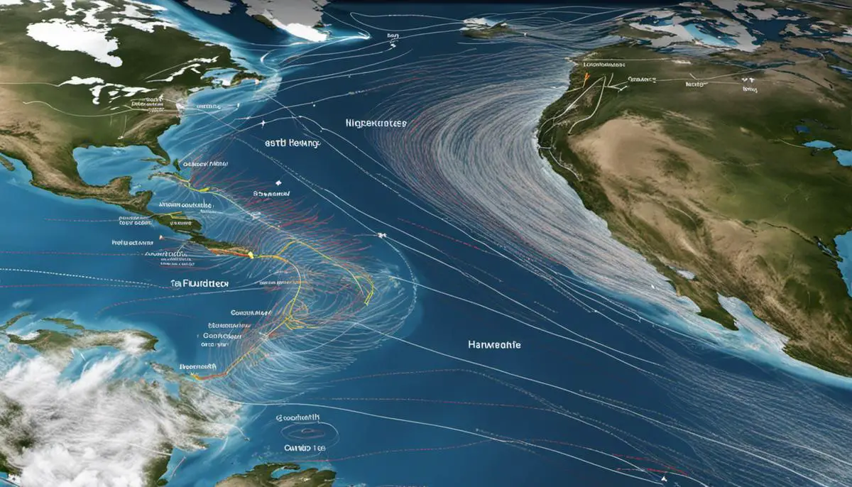 Illustration showing hurricanes forming and following paths, influenced by global climatic patterns and the equator, showcasing the complexity of their trajectories.