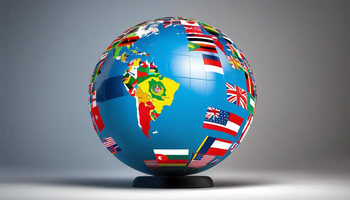 Image depicting a world globe with flags of different countries, symbolizing the international involvement in the Israeli-Palestinian conflict.