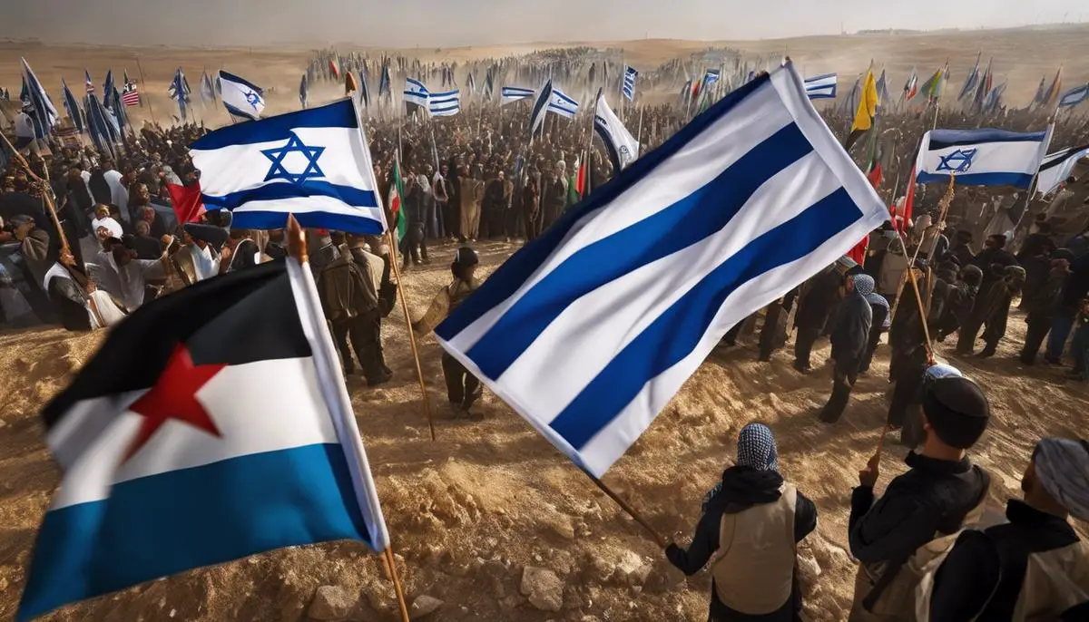 An image showing people with different flags in conflict, symbolizing the international legal perspective on Israeli settlements and their controversial nature.