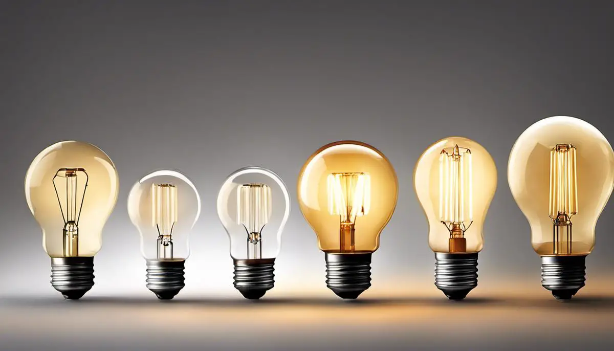Illustration showing the evolution of the light bulb from its early stages to the modern design