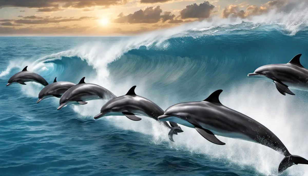 Illustration of male dolphins in a pod, with labels indicating first-order and second-order alliances, and one dolphin sneaking to mate
