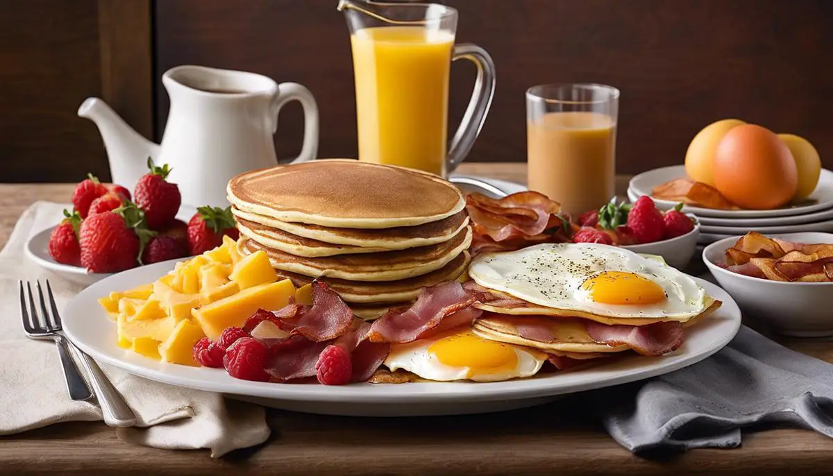 A plate with a variety of breakfast foods, such as eggs, bacon, pancakes, and fruit, representing the New England Thanksgiving breakfast tradition