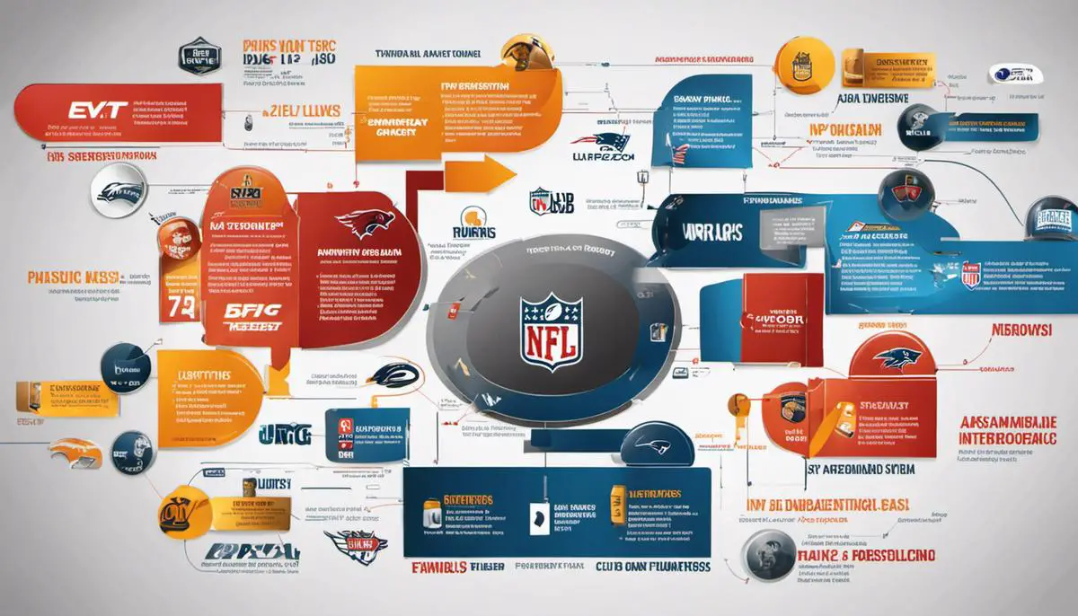 A diagram illustrating the financial ecosystem of the NFL with arrows connecting players, fans, broadcasting partners, and advertisers, representing their interdependence.