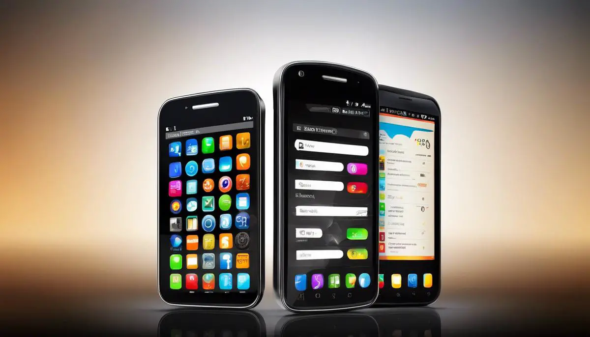A silhouette of a modern smartphone with multiple app icons on the screen, representing the concept of smartphone development and evolution.