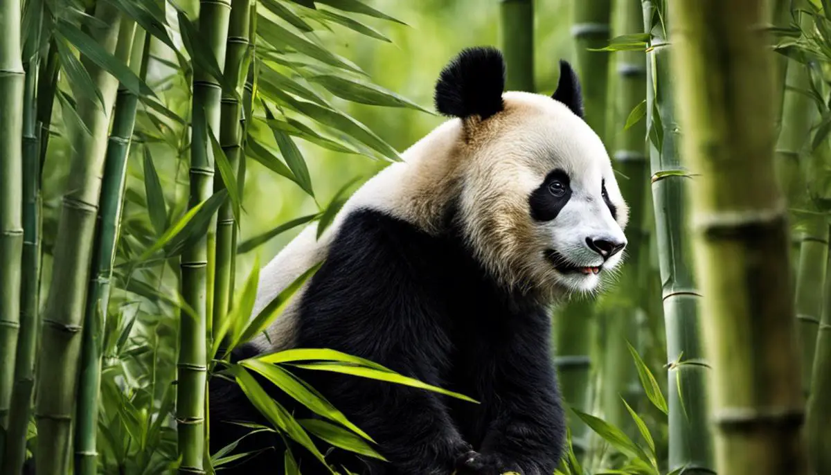 A close-up image of a panda standing in a bamboo forest.