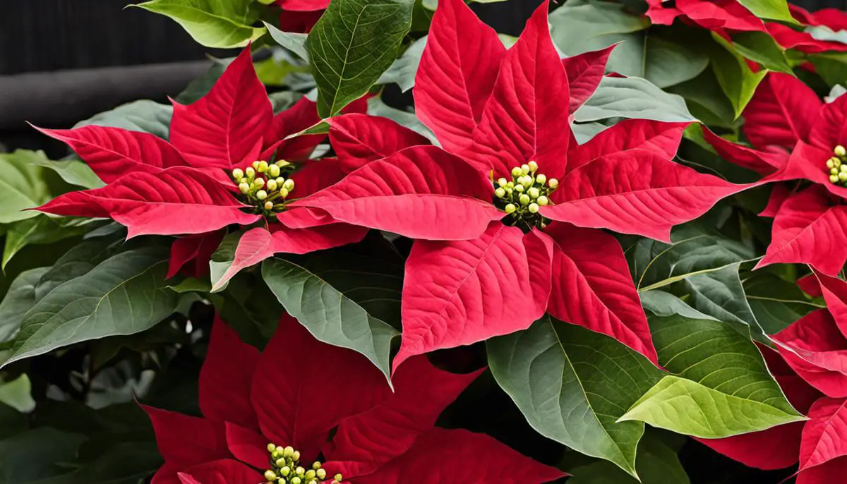 A beautifully bloomed poinsettia plant with vibrant red bracts and green leaves, a symbol of Christmas.