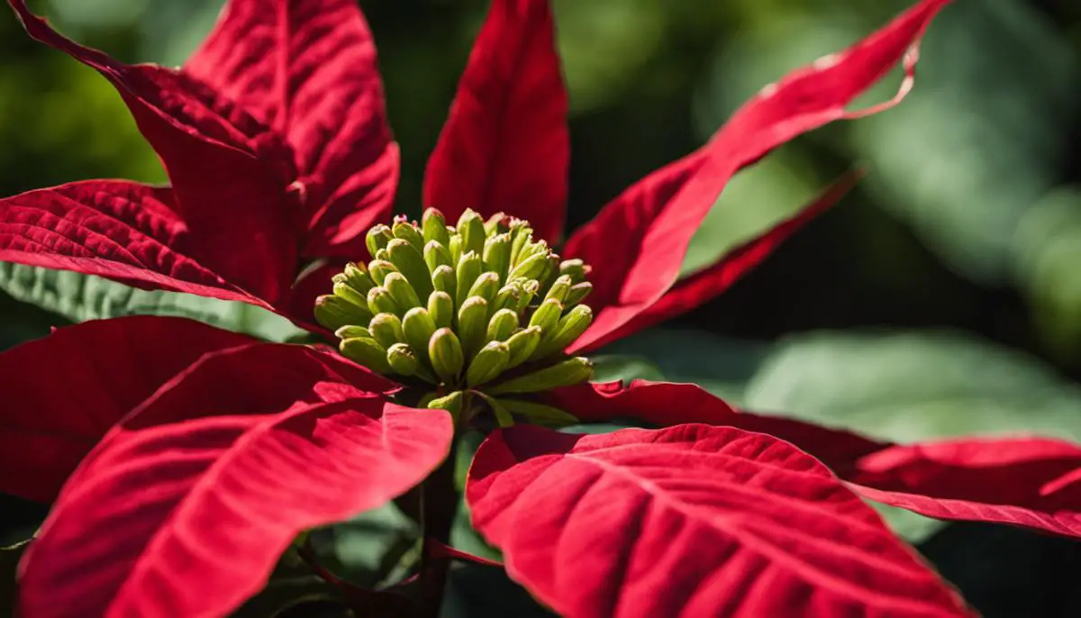 A close-up image of a vibrant poinsettia plant with its striking red bracts and green leaves.