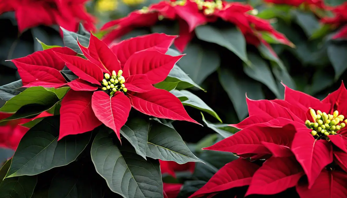 Poinsettia Myth: Overblown Reputation of Poinsettias as Deadly, described as a colorful festive plant surrounded by caution signs