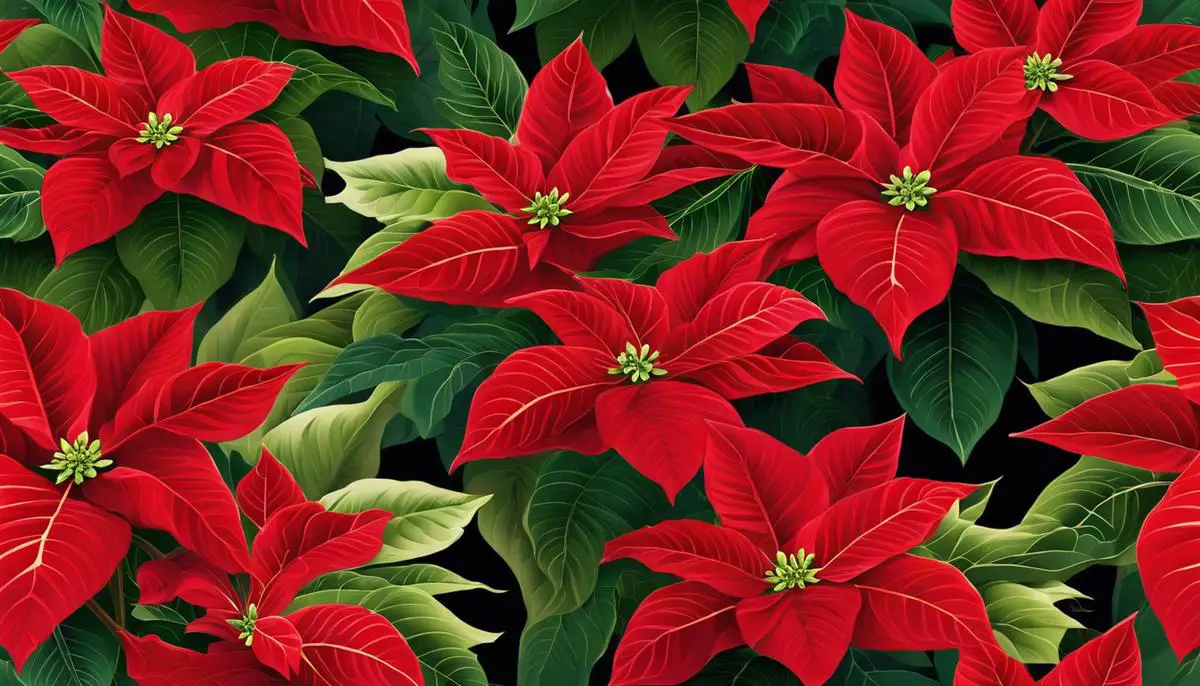 An image of poinsettias with vibrant red and green foliage, symbolizing the holiday season.