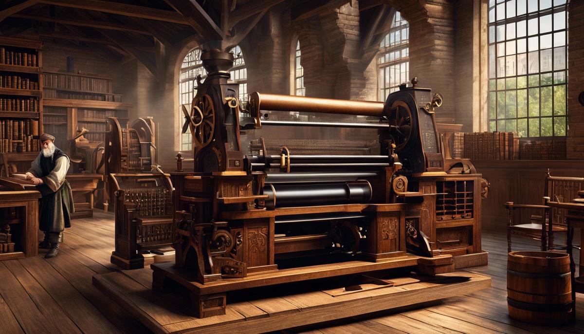 Image depicting Johannes Gutenberg's invention of the printing press, showing the machinery and printing process.