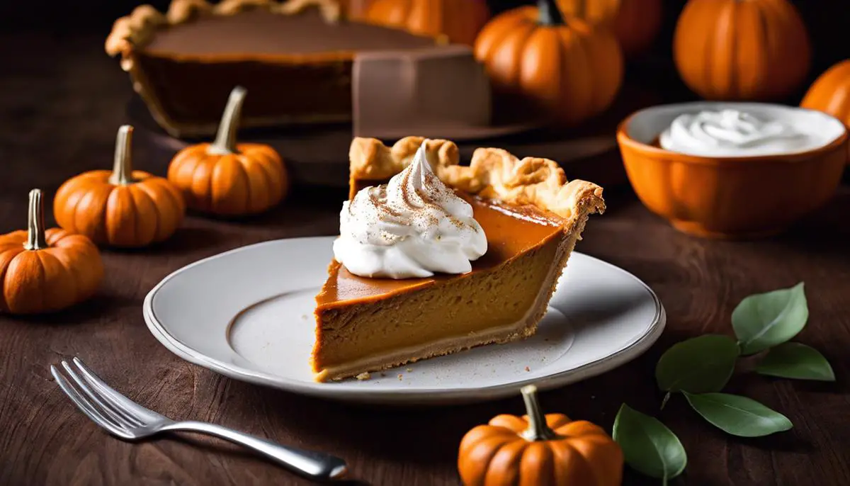 A delicious image of a slice of pumpkin pie with whipped cream on top.
