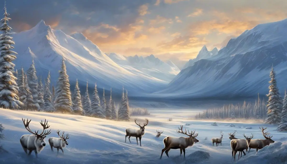 Illustration showing reindeer in an arctic landscape with snowy mountains and a tundra environment.
