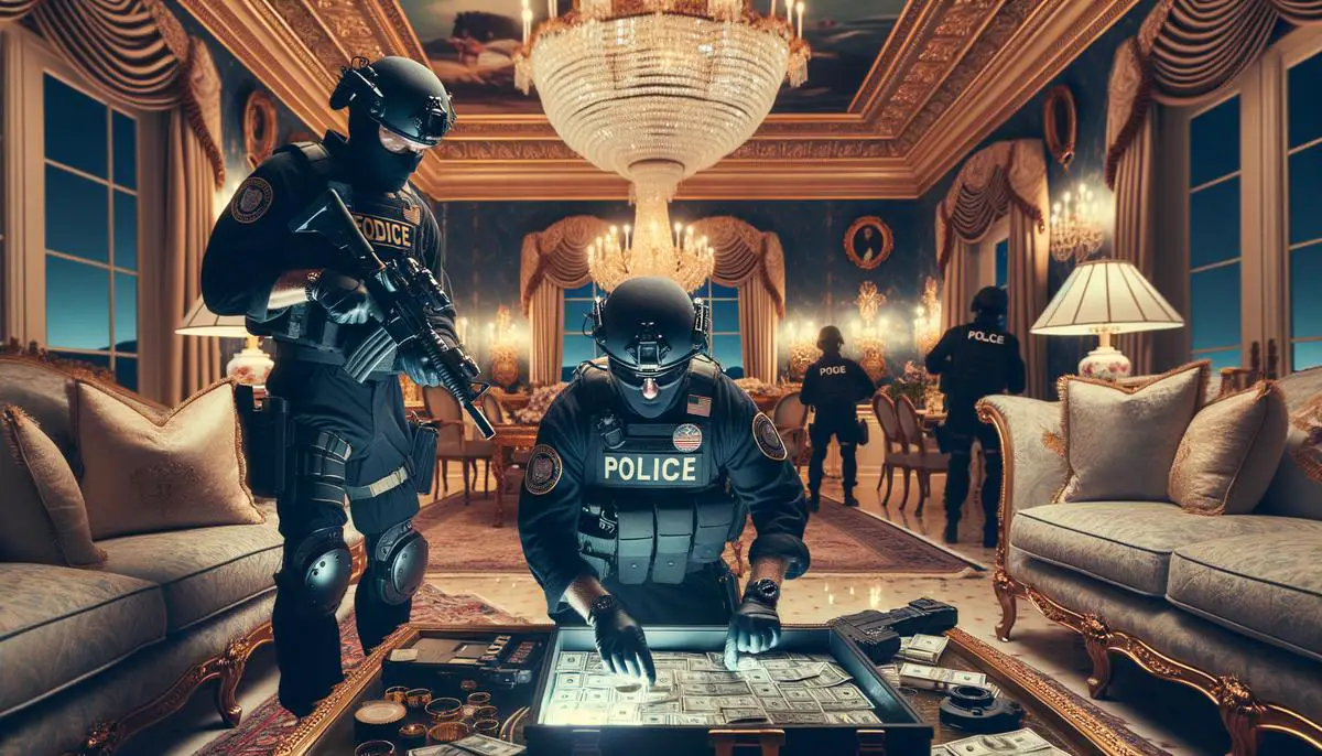 A realistic image depicting a federal raid on a luxurious mansion