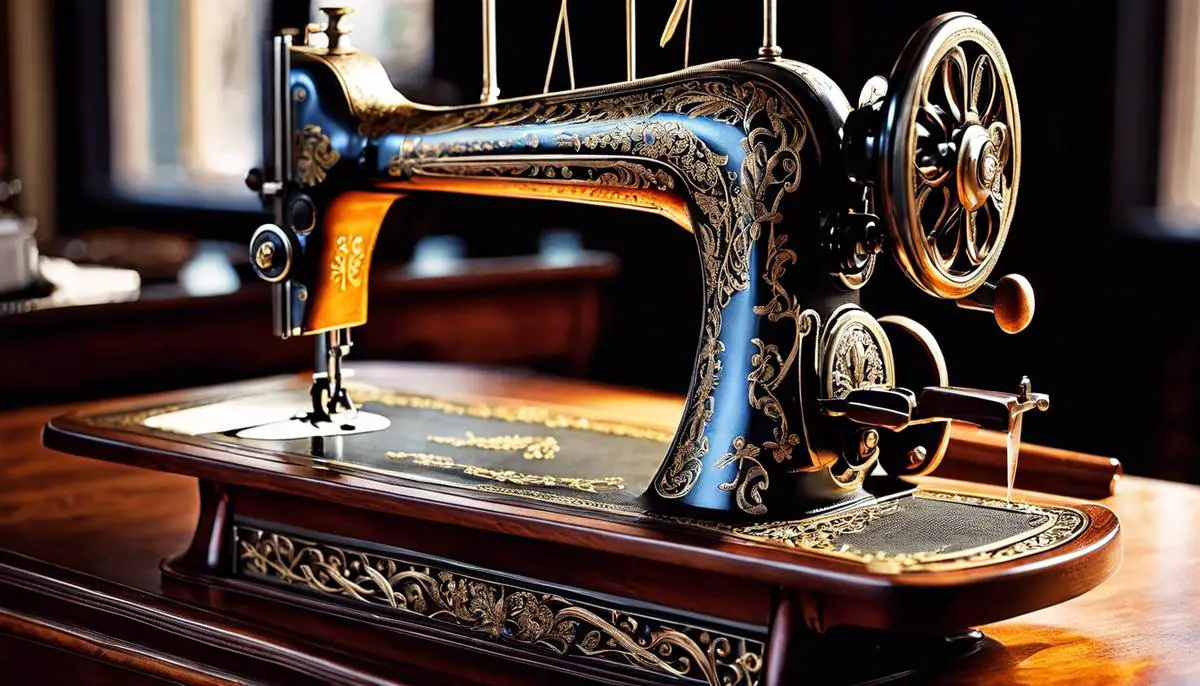 An image of a vintage sewing machine with intricate details, showcasing the craftsmanship of the early sewing machines.