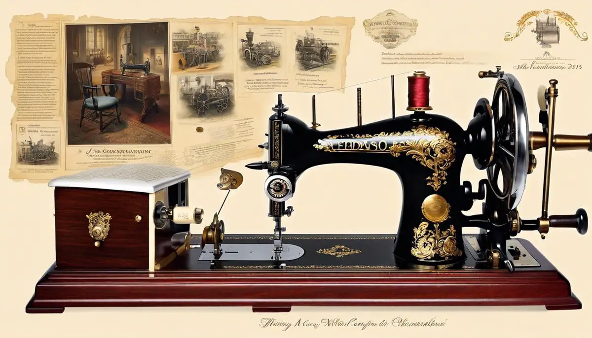 A visual representation of the key innovations in the 19th century that shaped the sewing machine. It includes images of the rotary hook, the four motion feed mechanism, the bobbin, and interchangeable parts.