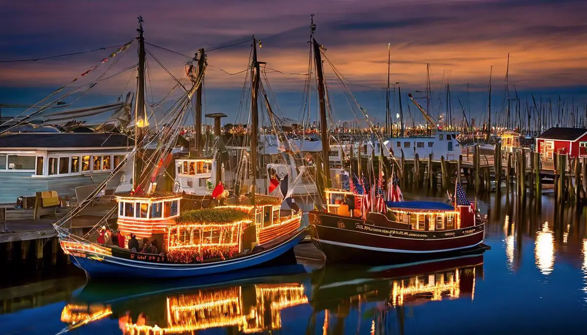 A photo of the Shrimp Boat Thanksgiving Festival, showing participants, decorated boats, and a lively atmosphere.