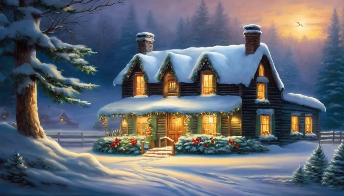 A serene image of a snowy night with a cozy cottage lit up and a holiday wreath hanging on the door, representing the peaceful and joyous spirit of Silent Night.