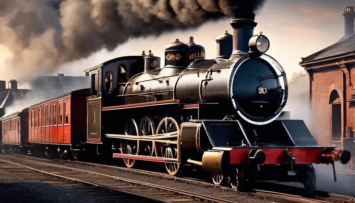 An image showing the impact of the steam engine on the Industrial Revolution, depicting factories, railways, and ships powered by steam engines.