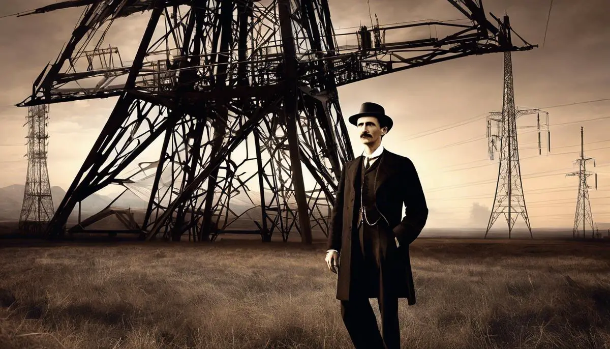 Image of Nikola Tesla with a wireless transmission tower in the background, symbolizing his remarkable contributions to wireless technology.