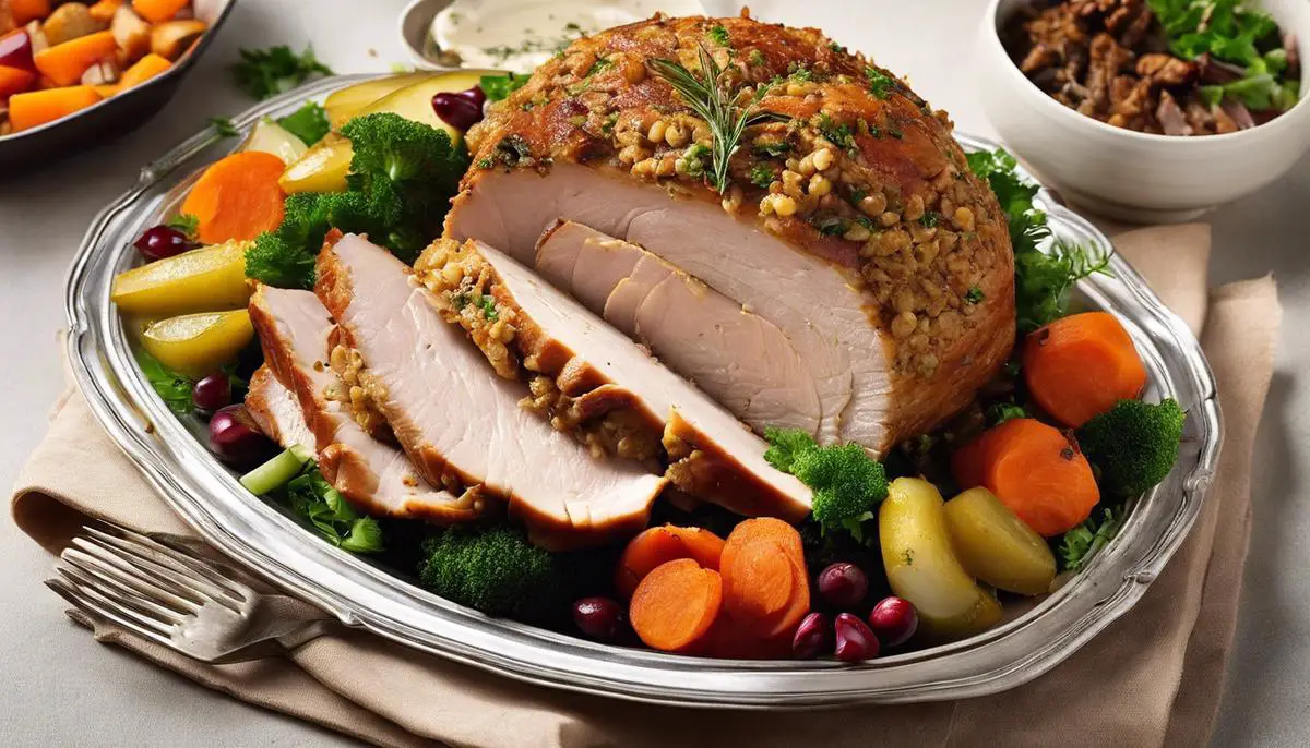 An image of a delicious Turducken dish, showing the layered chicken, duck, and turkey with flavorful stuffing in between, representing the complex and savory nature of the dish.