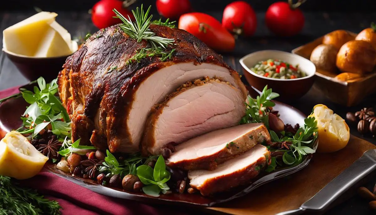 A mouthwatering image of a delicious Turducken dish with layers of turkey, duck, and chicken, surrounded by various herbs and spices.
