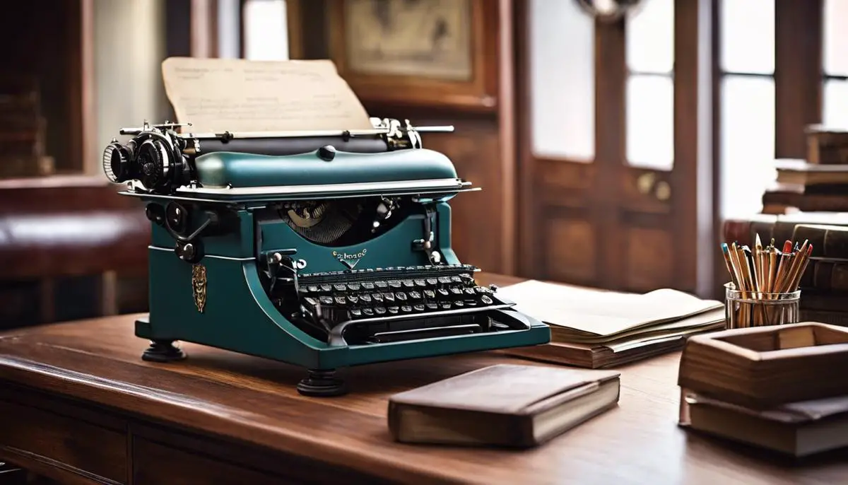 A vintage typewriter on a wooden desk.