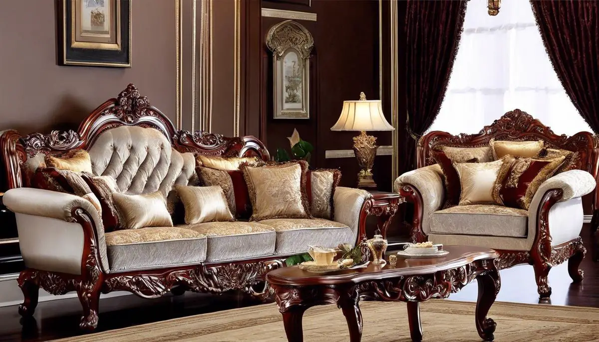 A beautiful image showcasing opulent Victorian furniture with intricate carvings and luxurious upholstery.