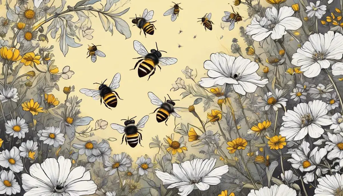 Illustration of honeybees performing a waggle dance in a flower-filled environment